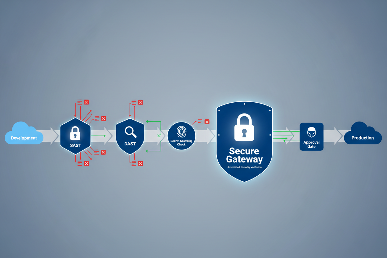 Application Security and DevSecOps image using the following color #002dca. Show something like a pipeline gate or security ensuring only secure applications are pushed to production
