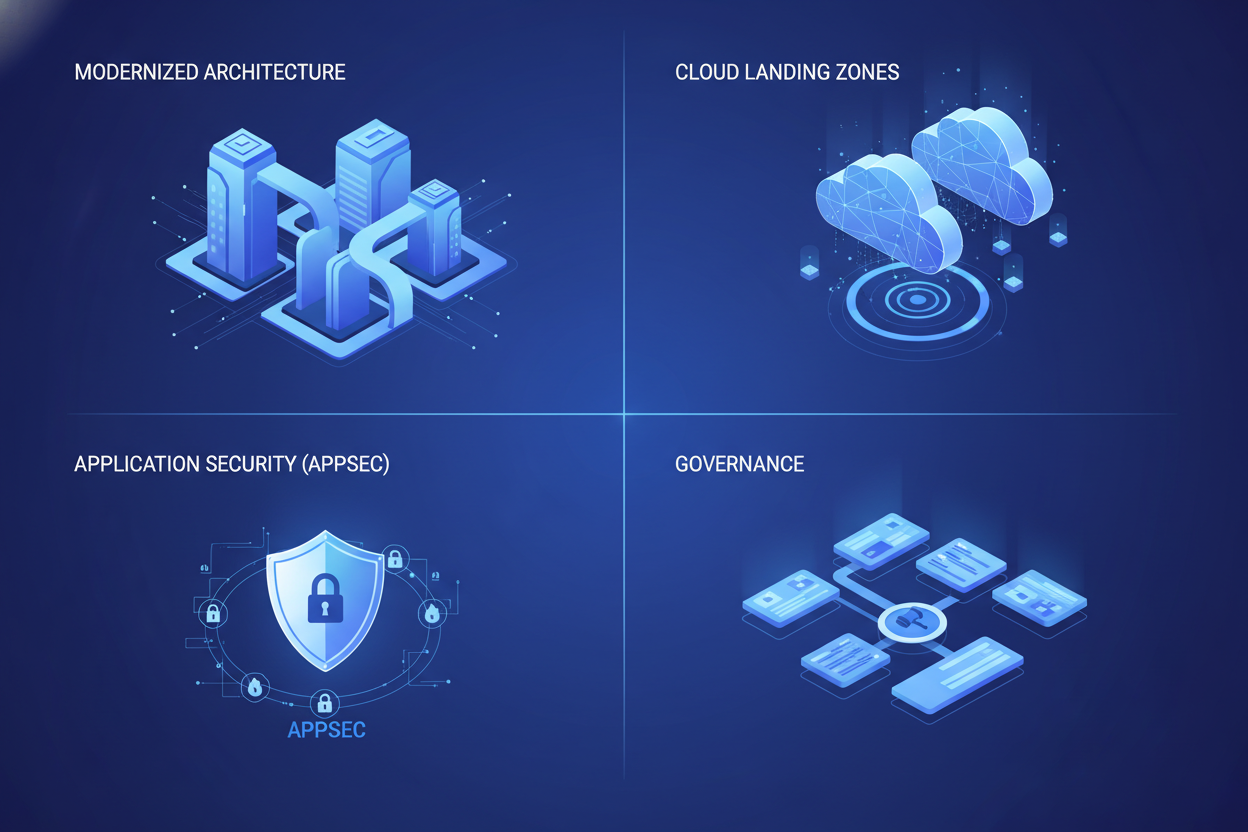 Modernized Architecture, Cloud Landing zones, AppSec, Governance using the following color #002dca